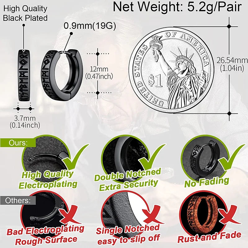 Stainless Steel Norwegian Viking Rune Hoop Earrings For Men Woman