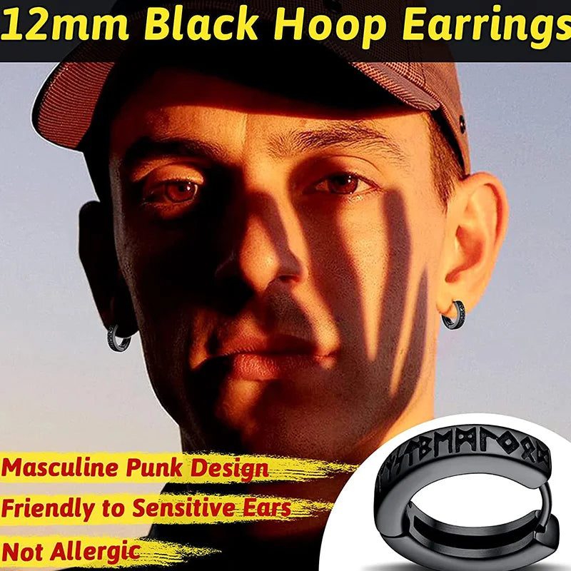 Stainless Steel Norwegian Viking Rune Hoop Earrings For Men Woman