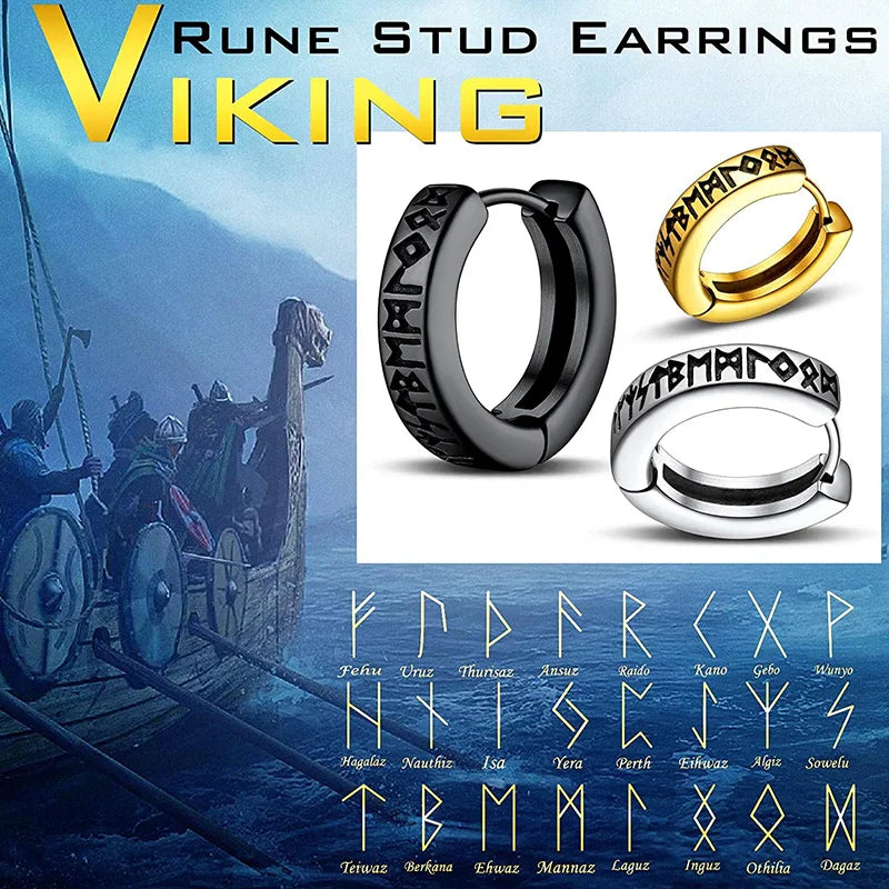 Stainless Steel Norwegian Viking Rune Hoop Earrings For Men Woman